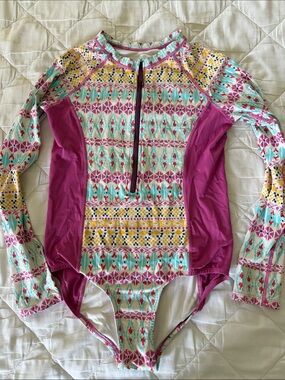 Garnet Hill Girls Long Sleeve One-Piece Swimsuit - Pink, Aqua, Yellow Pattern